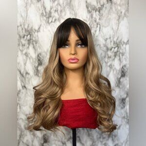 26 “ Brown to blonde Balayage Wavy Wig with bangs for daily use, Natural look